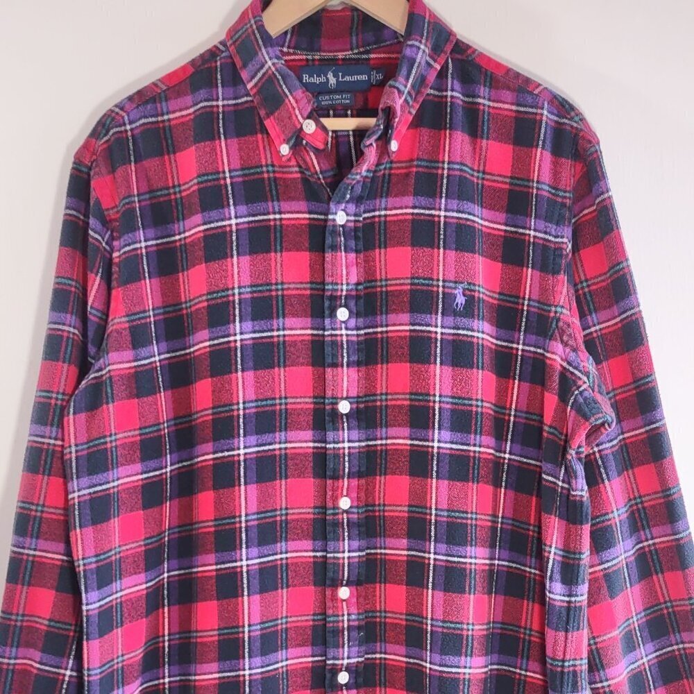 Ralph Lauren Mens Plaid Flannel Shirt Size XL Polo Pony Custom Fit Long Sleeve